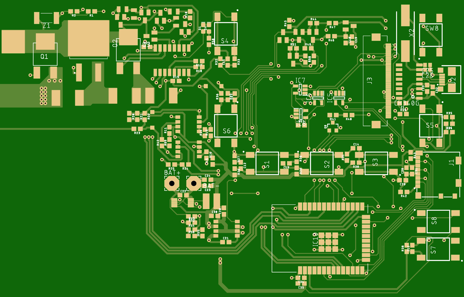 Computer render of a green printed circuit board design: battery terminal, switches, ICs and copper traces